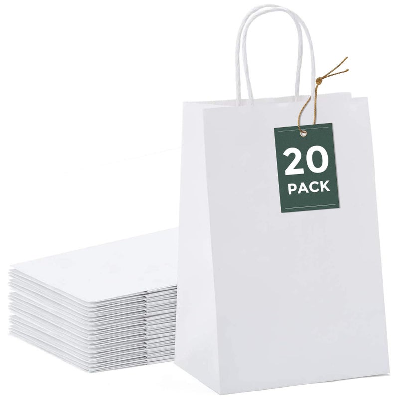 GSSUSA 5.25x3.75x8 20Pcs White Paper Bags With Handles?Small Gift Bags for Shopping,Craft,GroceryParty,Retail,Lunch,Business,Wedding,Merchandise,Boutique - Image 1